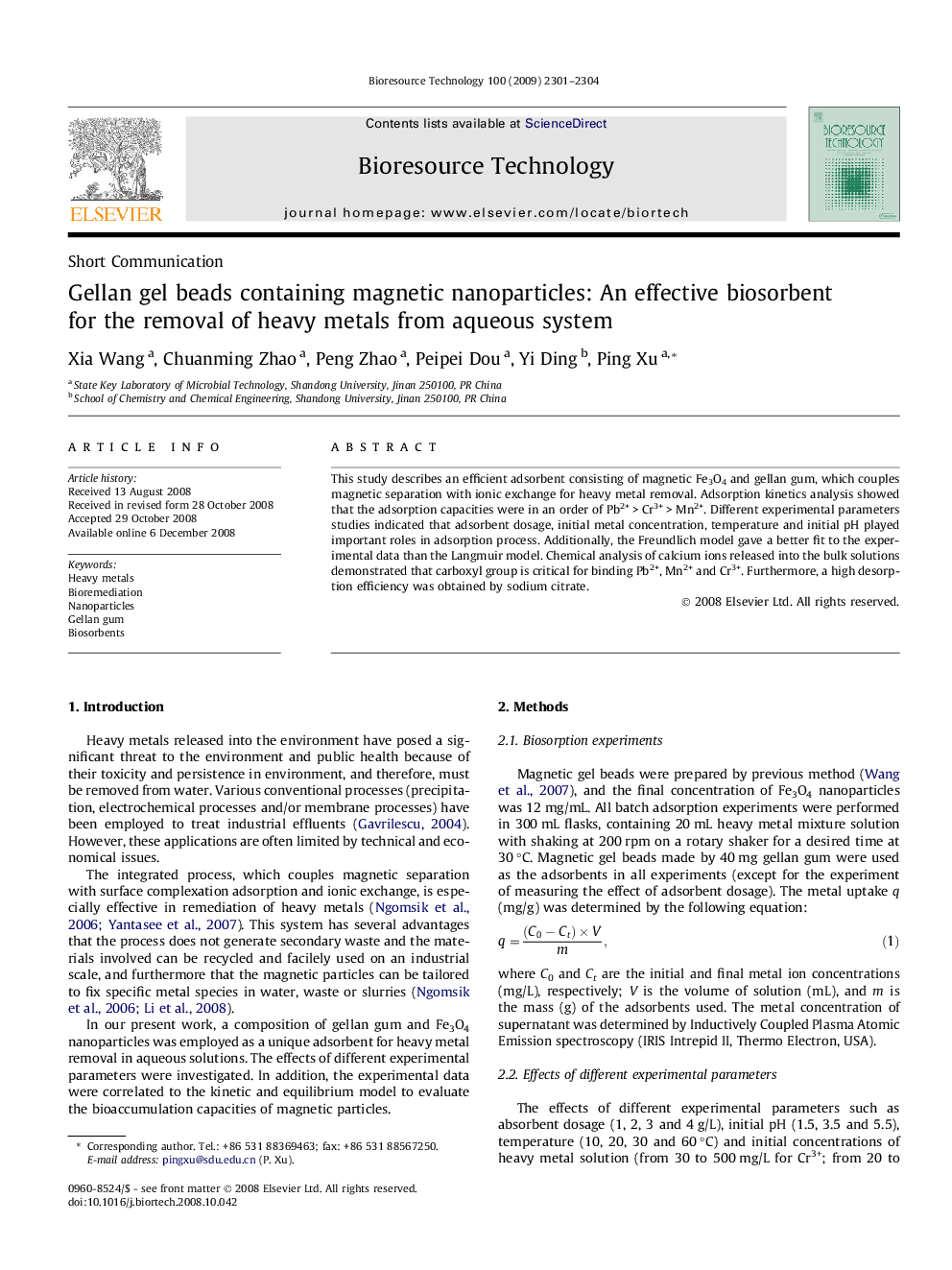عکس صفحه اول مقاله: Gellan gel beads containing magnetic nanoparticles: An effective biosorbent for the removal of heavy metals from aqueous system Gellan gel beads containing magnetic nanoparticles: An effective biosorbent for the removal of heavy metals from aqueous system