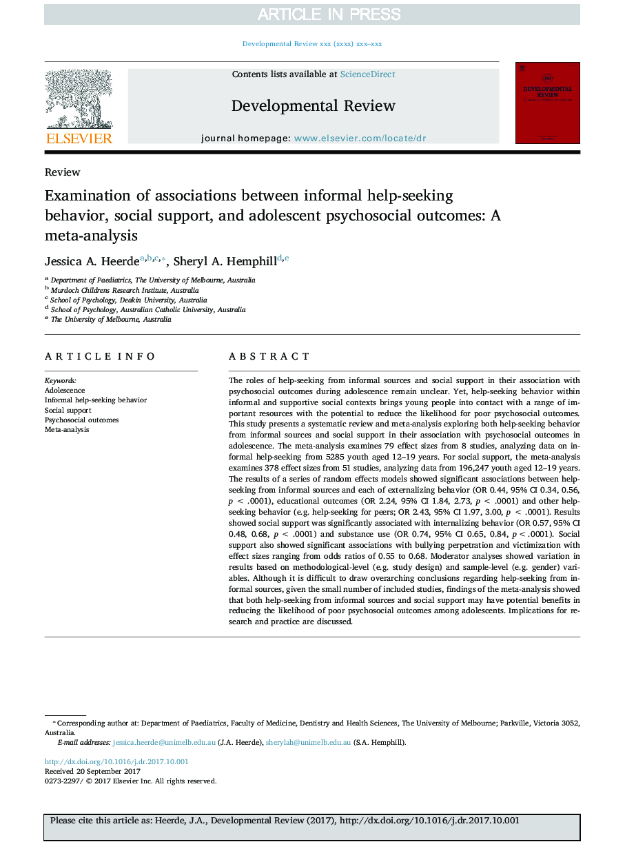 Examination of associations between informal help-seeking behavior, social support, and adolescent psychosocial outcomes: A meta-analysis