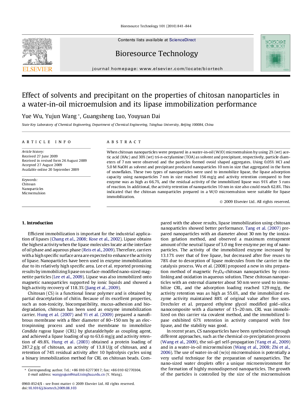 Effect of solvents and precipitant on the properties of chitosan nanoparticles in a water-in-oil microemulsion and its lipase immobilization performance