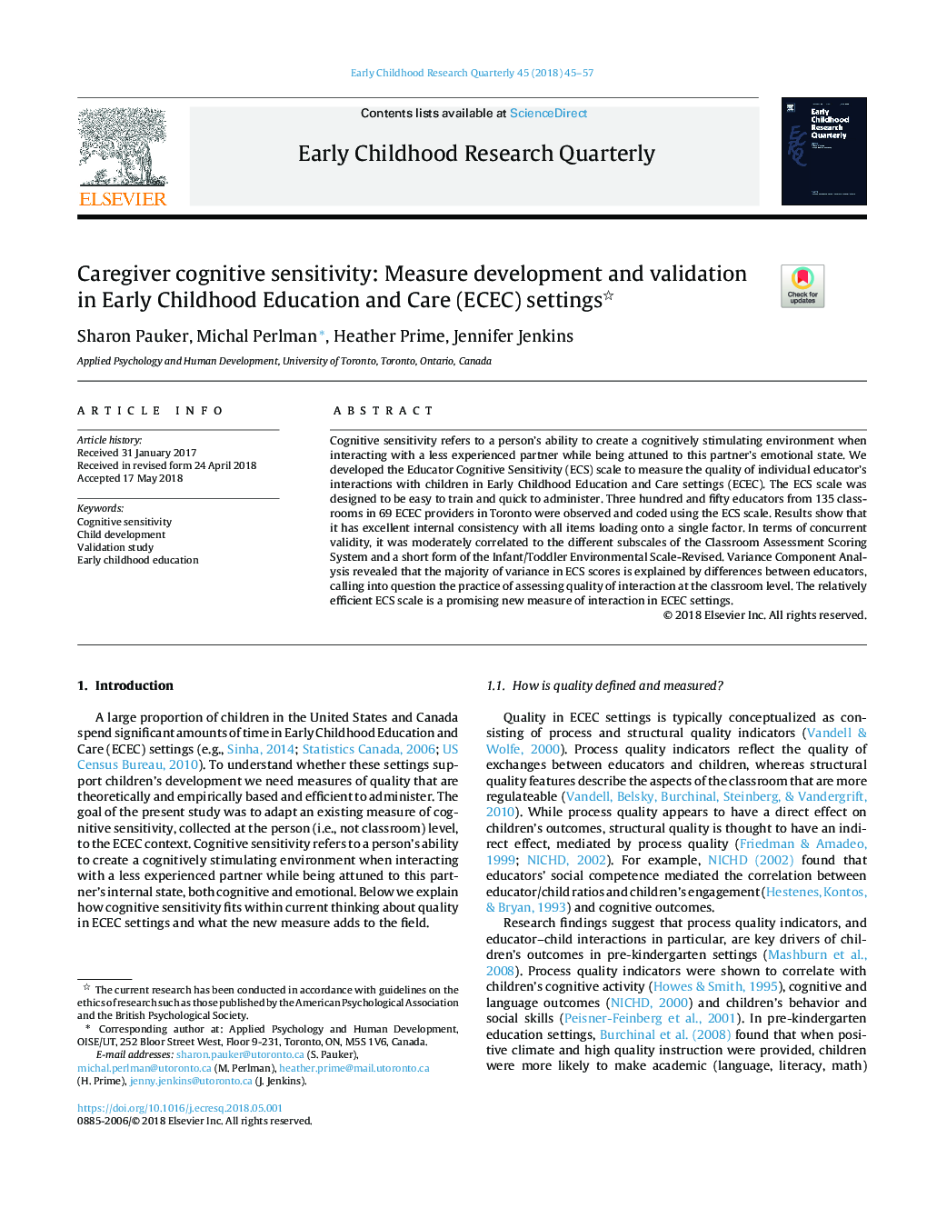 Caregiver cognitive sensitivity: Measure development and validation in Early Childhood Education and Care (ECEC) settings