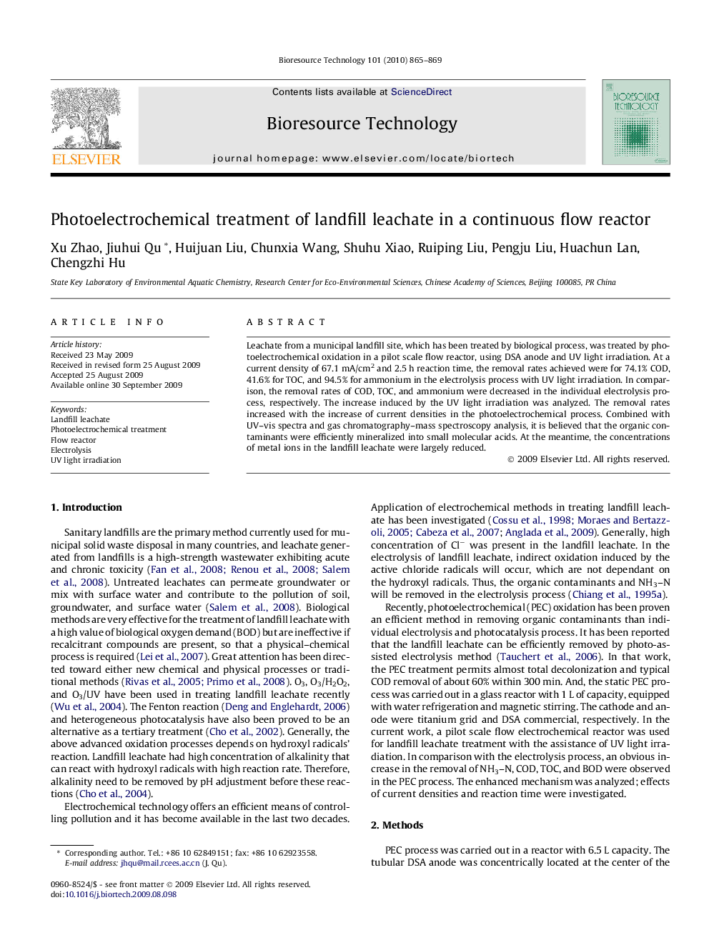 Photoelectrochemical treatment of landfill leachate in a continuous flow reactor