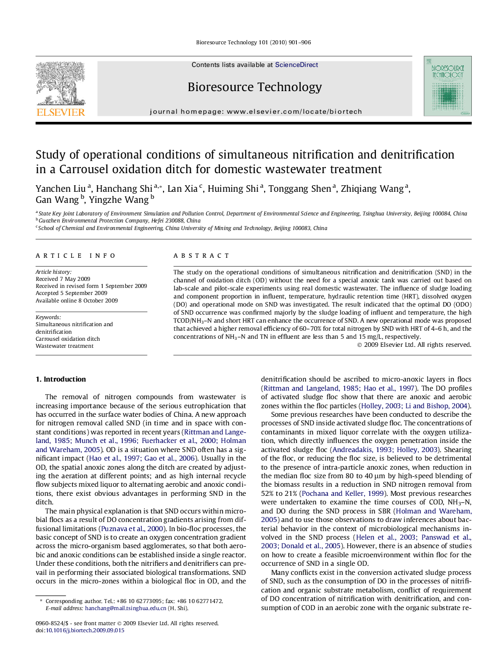 Study of operational conditions of simultaneous nitrification and denitrification in a Carrousel oxidation ditch for domestic wastewater treatment