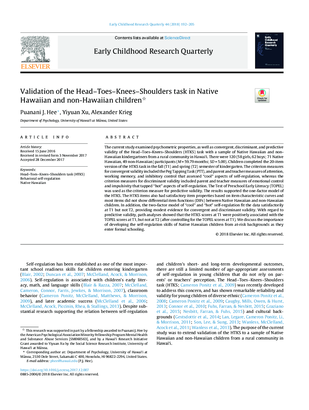 Validation of the Head-Toes-Knees-Shoulders task in Native Hawaiian and non-Hawaiian children