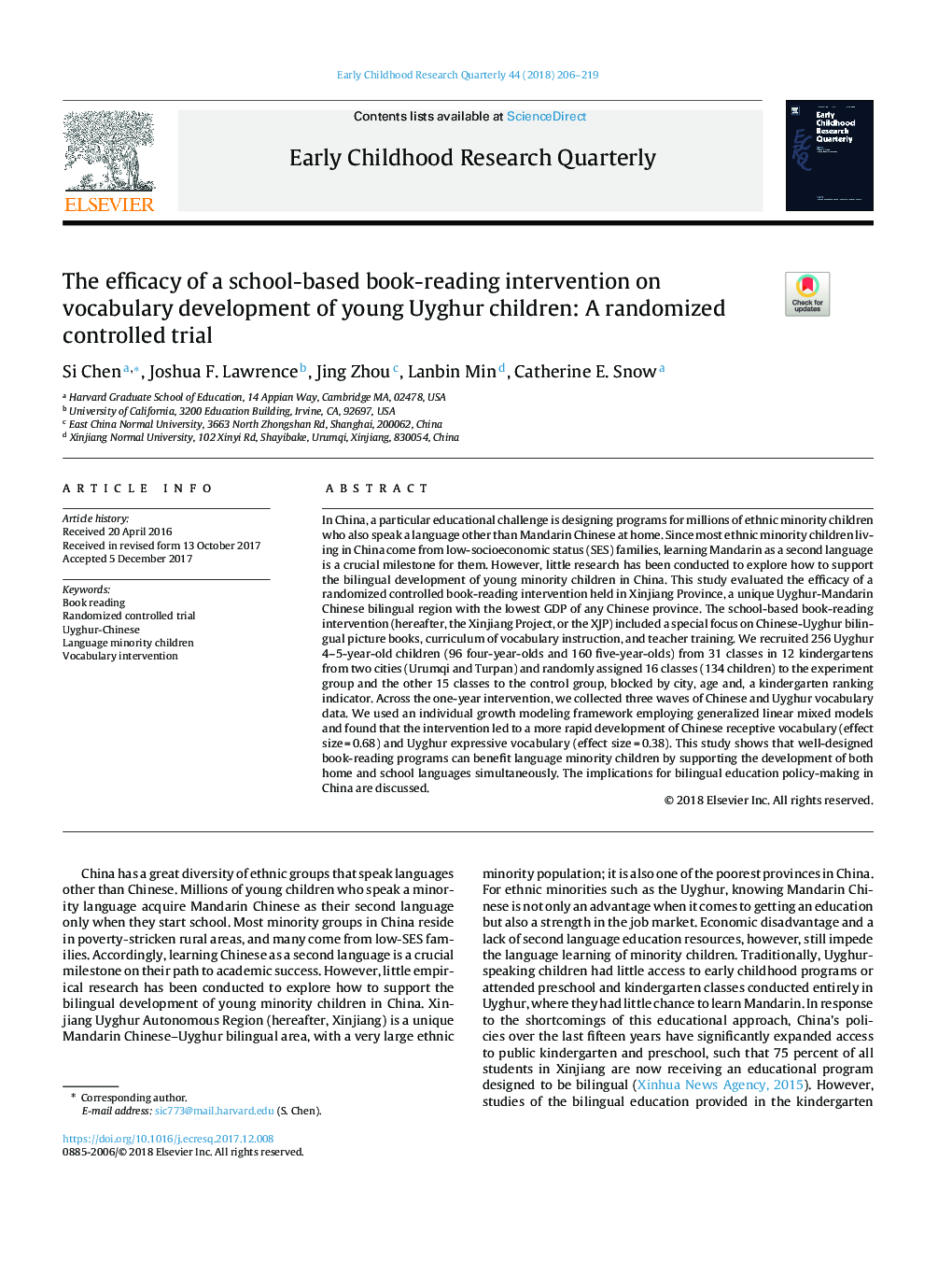 The efficacy of a school-based book-reading intervention on vocabulary development of young Uyghur children: A randomized controlled trial