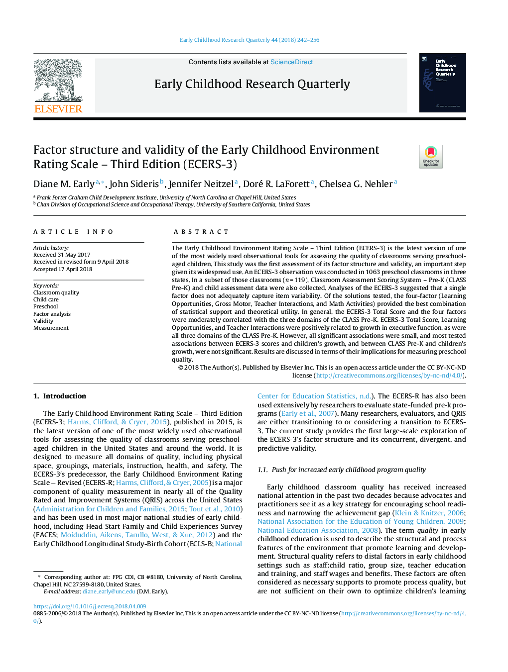 Factor structure and validity of the Early Childhood Environment Rating Scale - Third Edition (ECERS-3)