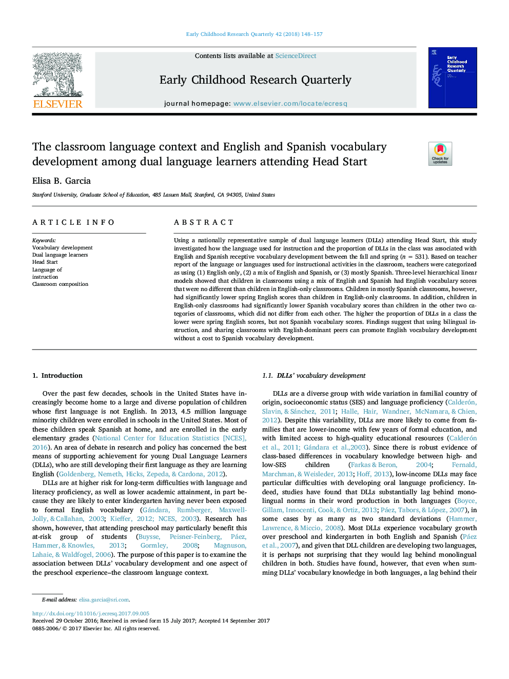 The classroom language context and English and Spanish vocabulary development among dual language learners attending Head Start