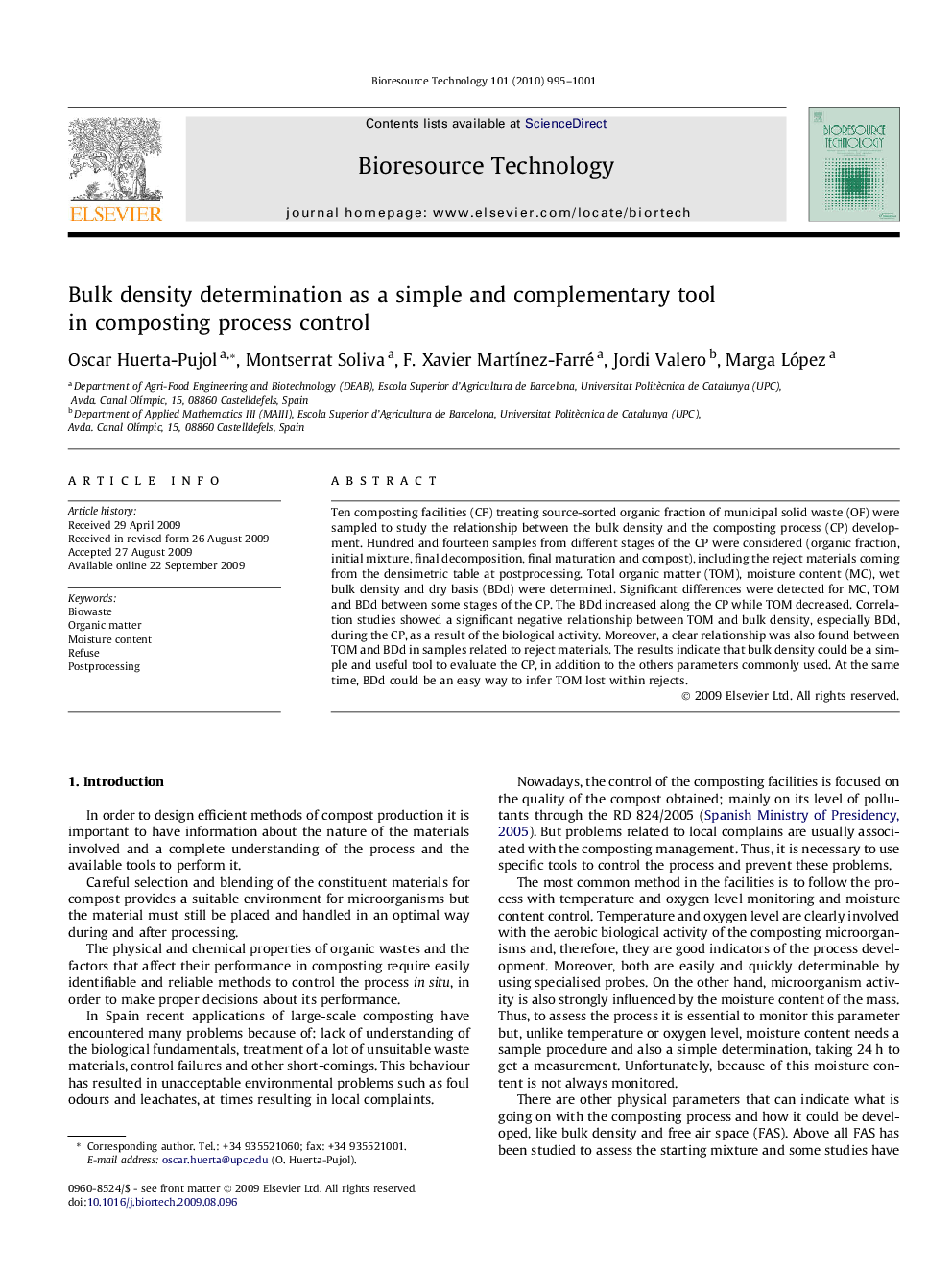 Bulk density determination as a simple and complementary tool in composting process control