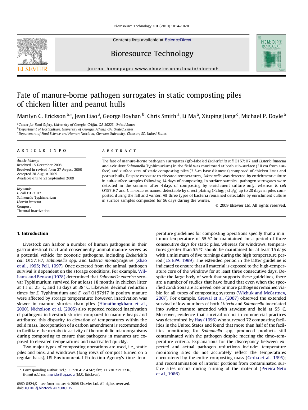 Fate of manure-borne pathogen surrogates in static composting piles of chicken litter and peanut hulls