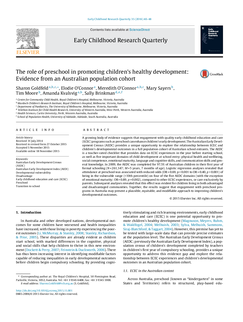 The role of preschool in promoting children's healthy development: Evidence from an Australian population cohort