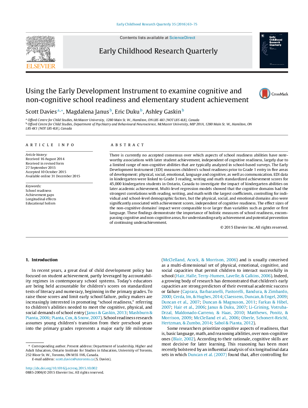 Using the Early Development Instrument to examine cognitive and non-cognitive school readiness and elementary student achievement