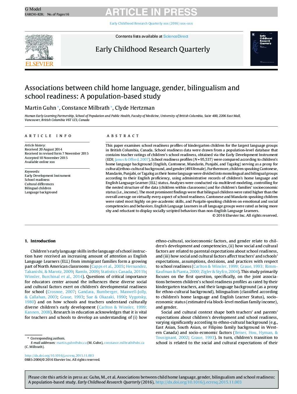 Associations between child home language, gender, bilingualism and school readiness: A population-based study