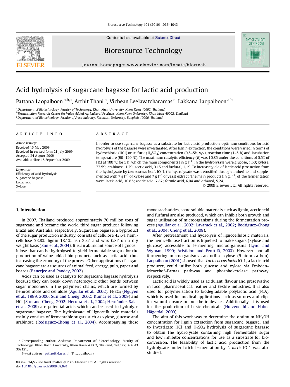 Acid hydrolysis of sugarcane bagasse for lactic acid production