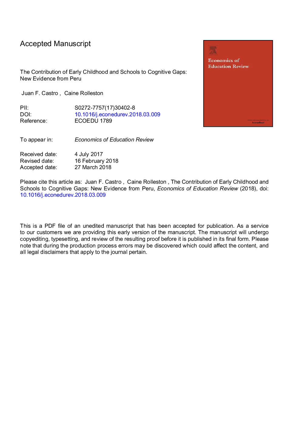 The contribution of early childhood and schools to cognitive gaps: New evidence from Peru