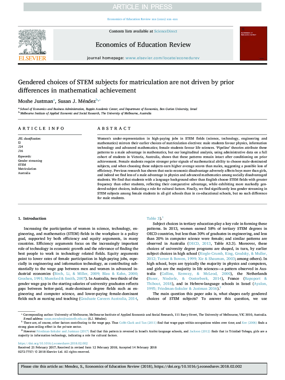 Gendered choices of STEM subjects for matriculation are not driven by prior differences in mathematical achievement