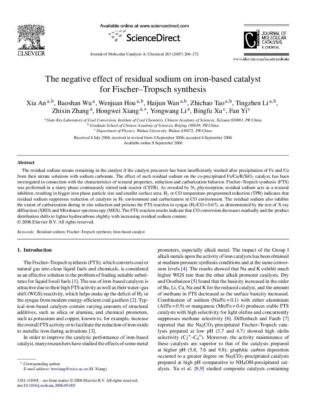 The negative effect of residual sodium on iron-based catalyst for Fischer–Tropsch synthesis