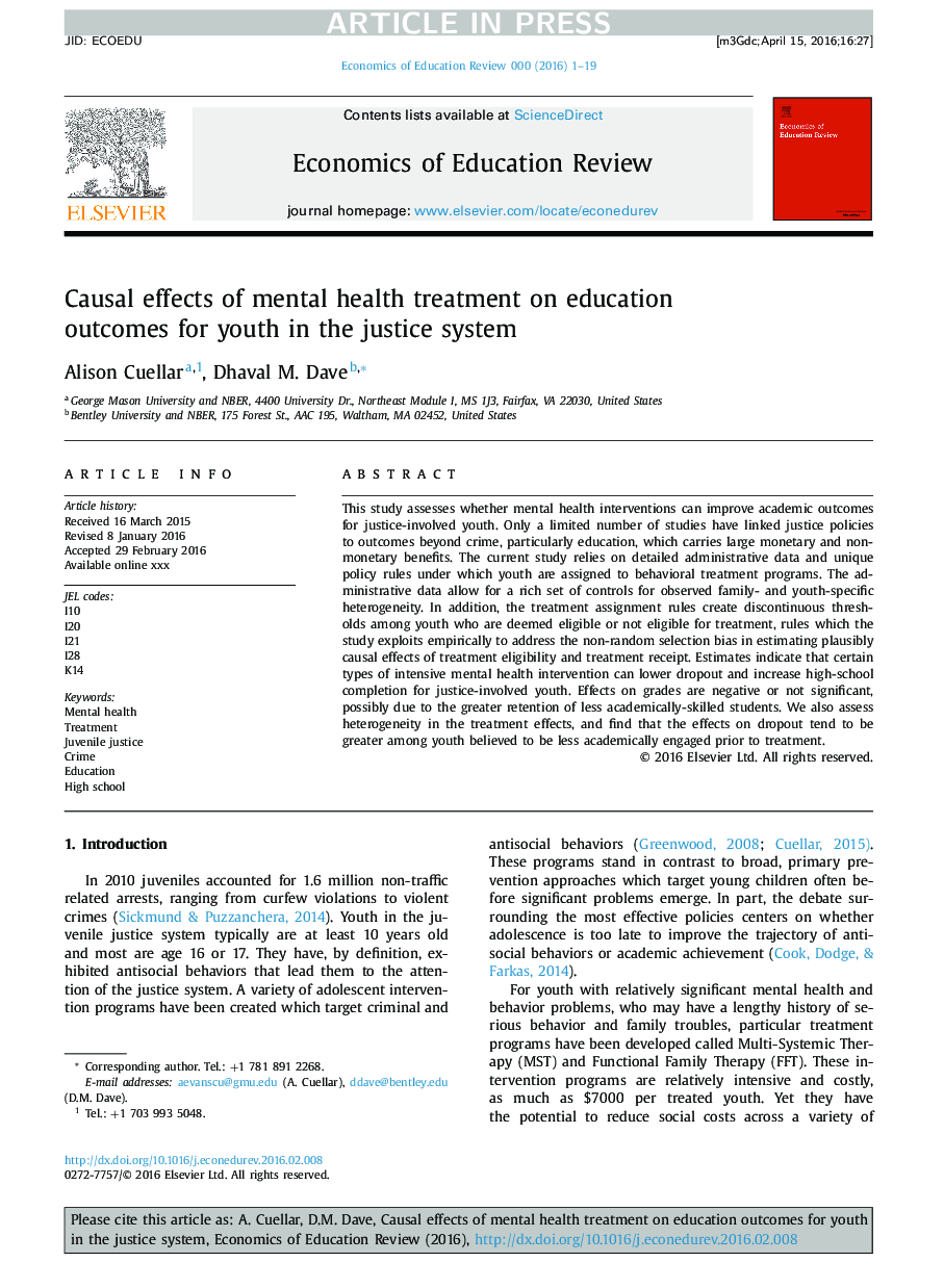 Causal effects of mental health treatment on education outcomes for youth in the justice system
