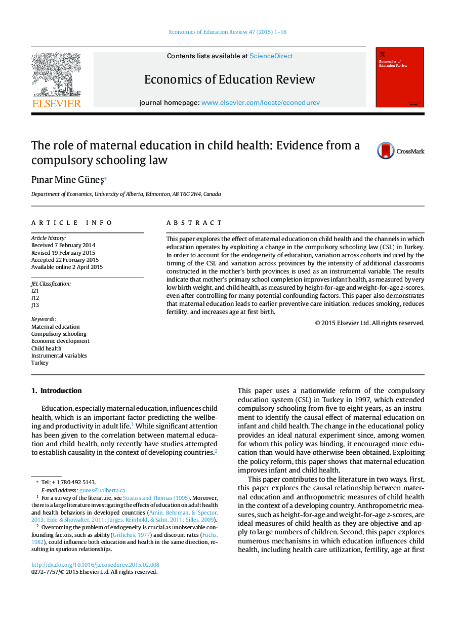 The role of maternal education in child health: Evidence from a compulsory schooling law