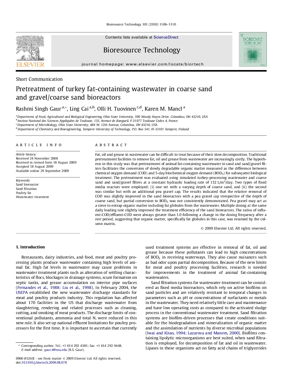 Pretreatment of turkey fat-containing wastewater in coarse sand and gravel/coarse sand bioreactors