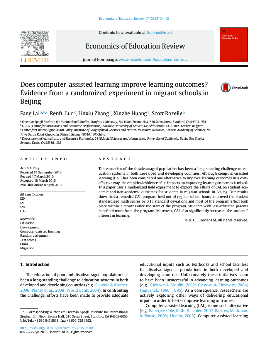 Does computer-assisted learning improve learning outcomes? Evidence from a randomized experiment in migrant schools in Beijing