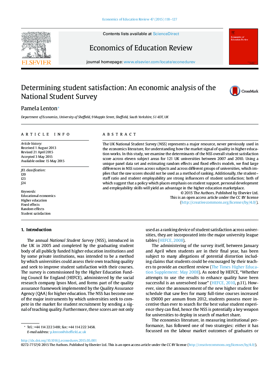 Determining student satisfaction: An economic analysis of the National Student Survey