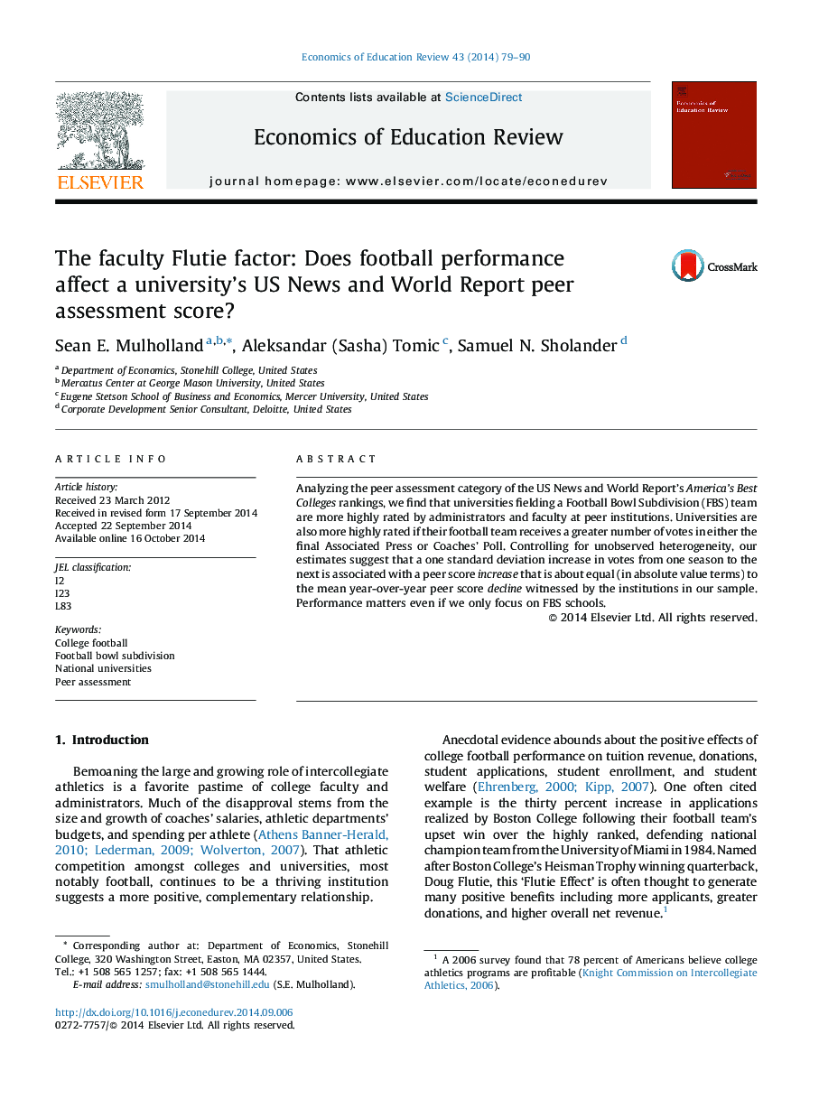 The faculty Flutie factor: Does football performance affect a university's US News and World Report peer assessment score?
