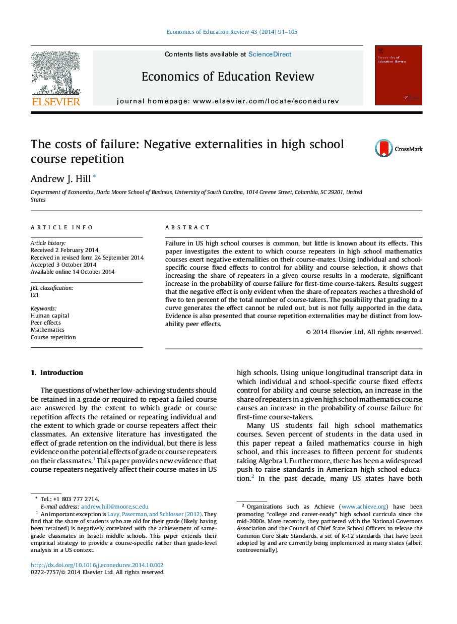 The costs of failure: Negative externalities in high school course repetition