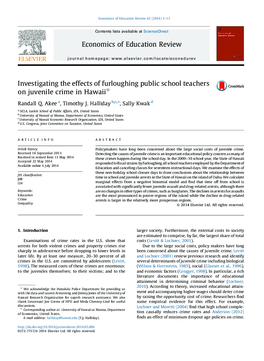 Investigating the effects of furloughing public school teachers on juvenile crime in Hawaii