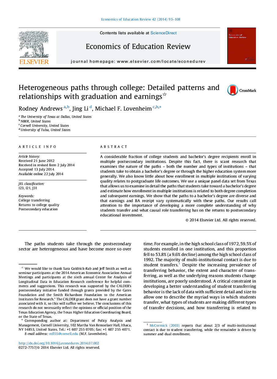 Heterogeneous paths through college: Detailed patterns and relationships with graduation and earnings