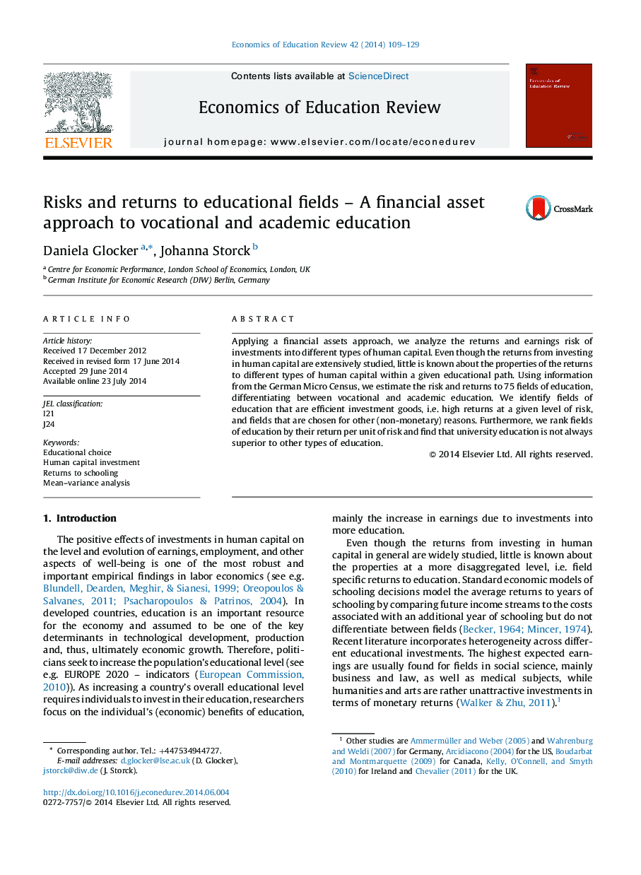 Risks and returns to educational fields - A financial asset approach to vocational and academic education