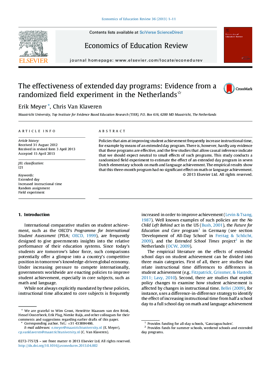 The effectiveness of extended day programs: Evidence from a randomized field experiment in the Netherlands
