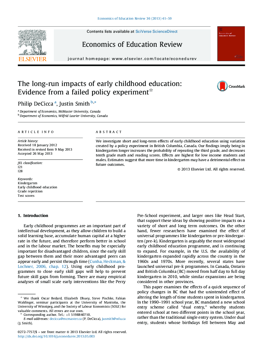 The long-run impacts of early childhood education: Evidence from a failed policy experiment