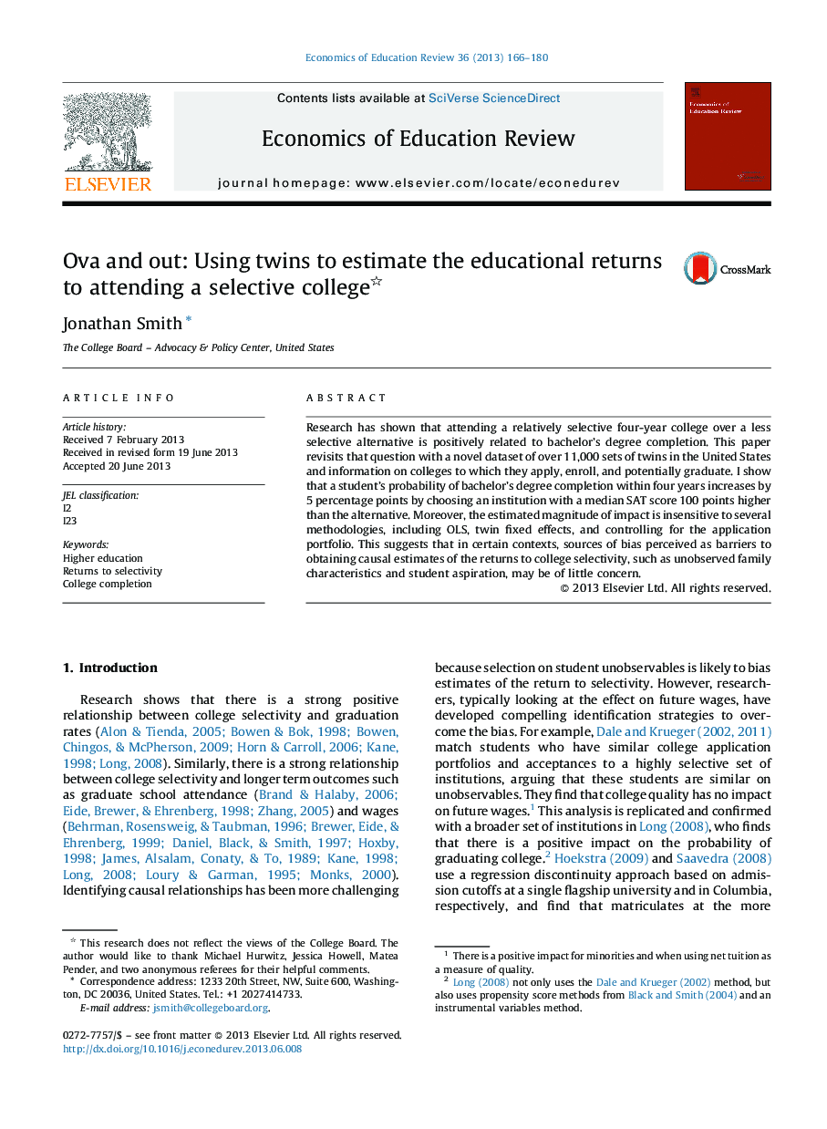 Ova and out: Using twins to estimate the educational returns to attending a selective college