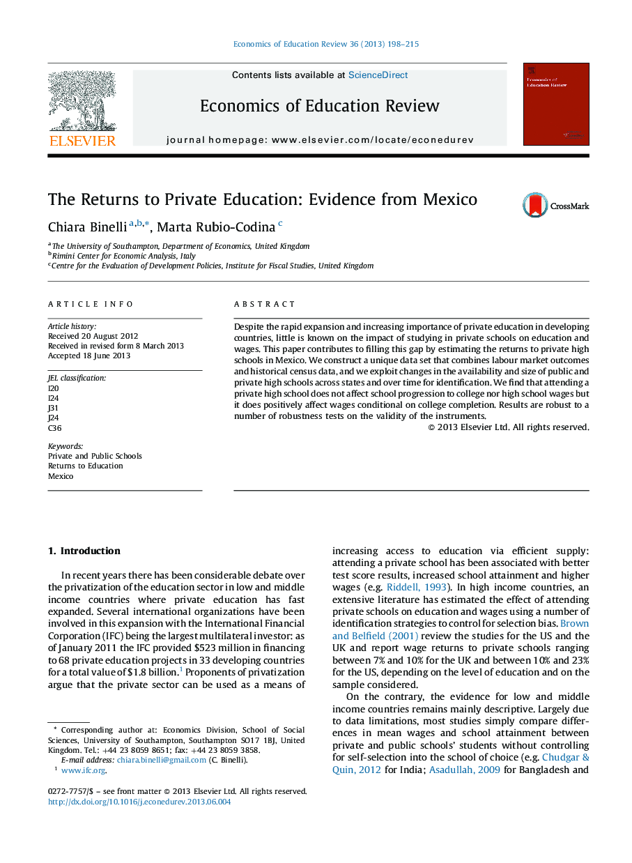 The Returns to Private Education: Evidence from Mexico