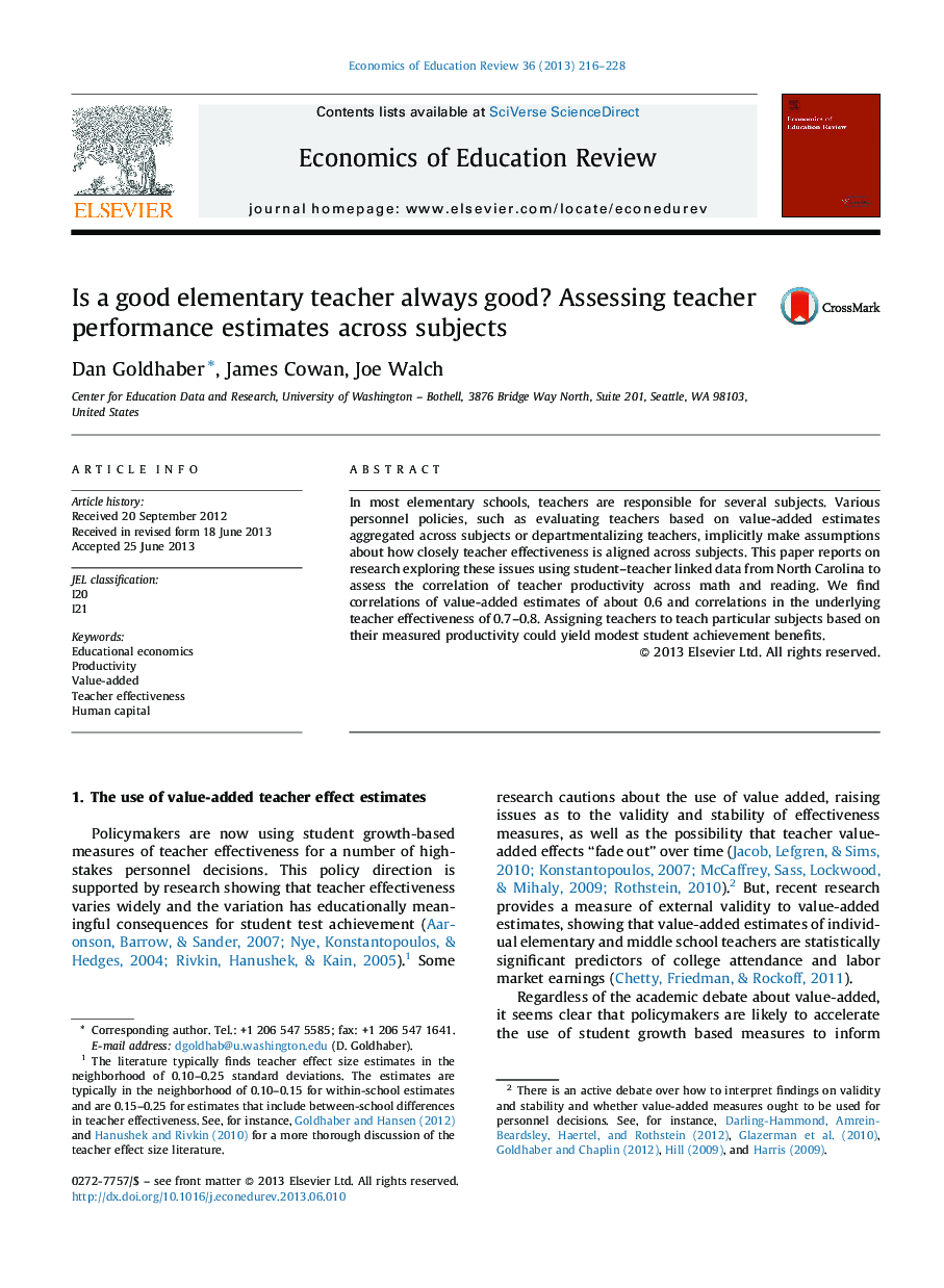 Is a good elementary teacher always good? Assessing teacher performance estimates across subjects