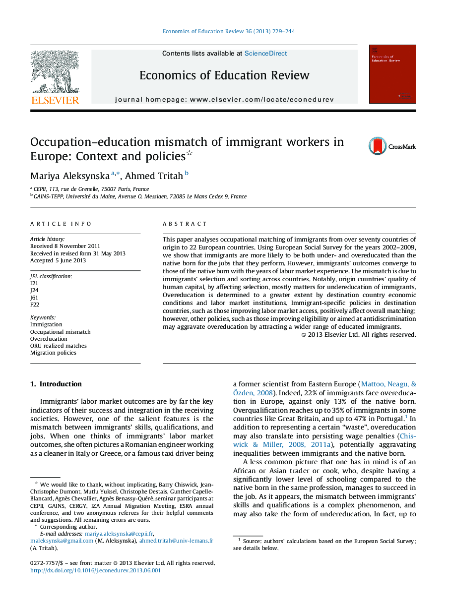 Occupation-education mismatch of immigrant workers in Europe: Context and policies