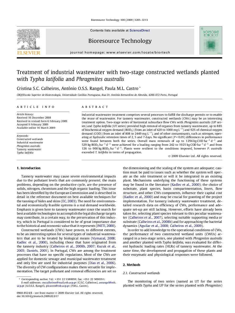 Treatment of industrial wastewater with two-stage constructed wetlands planted with Typha latifolia and Phragmites australis