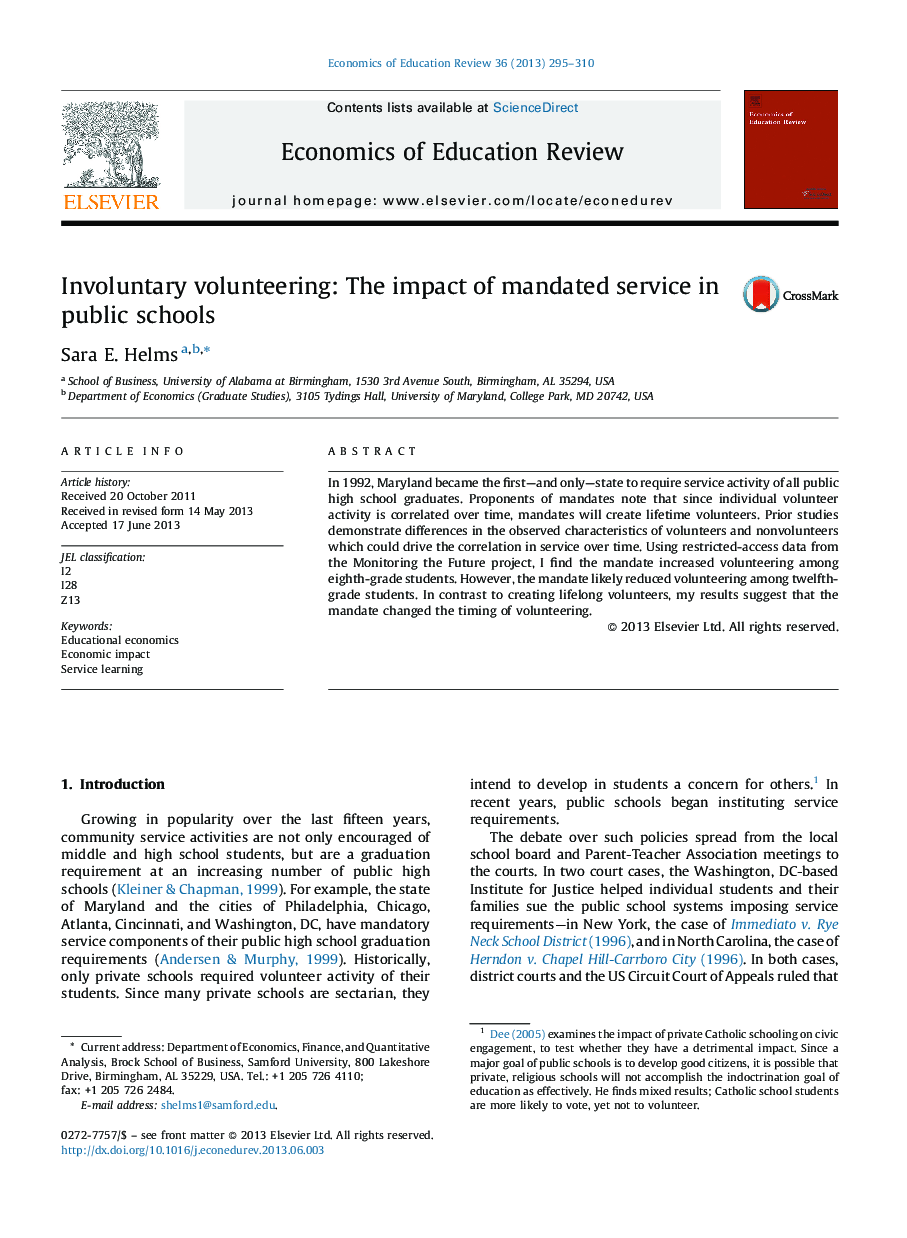 Involuntary volunteering: The impact of mandated service in public schools