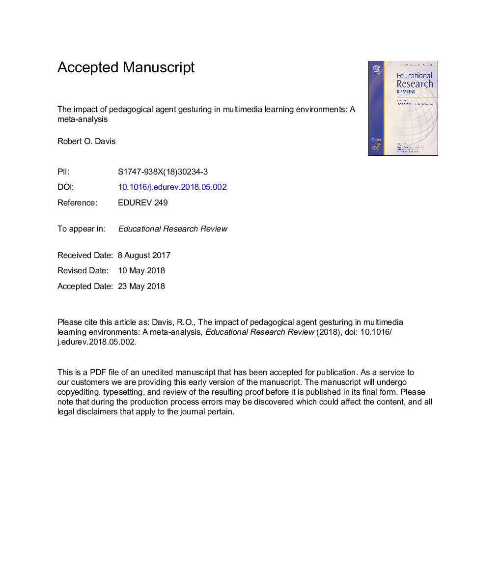 The impact of pedagogical agent gesturing in multimedia learning environments: A meta-analysis