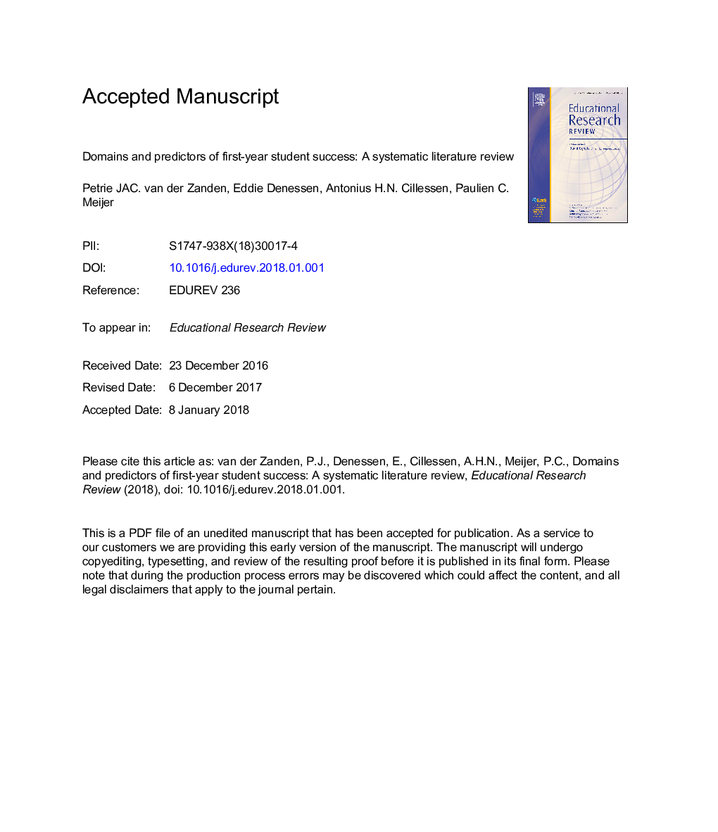 Domains and predictors of first-year student success: A systematic review