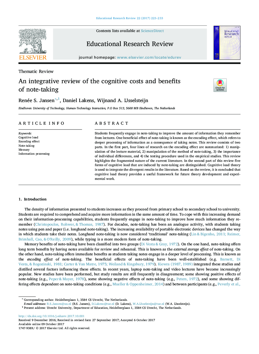 An integrative review of the cognitive costs and benefits of note-taking