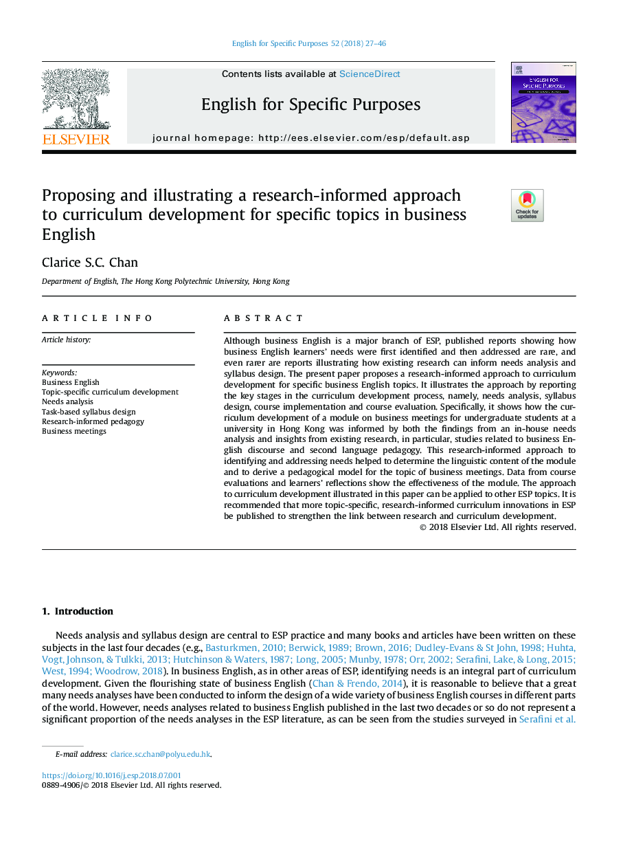 Proposing and illustrating a research-informed approach toÂ curriculum development for specific topics in business English