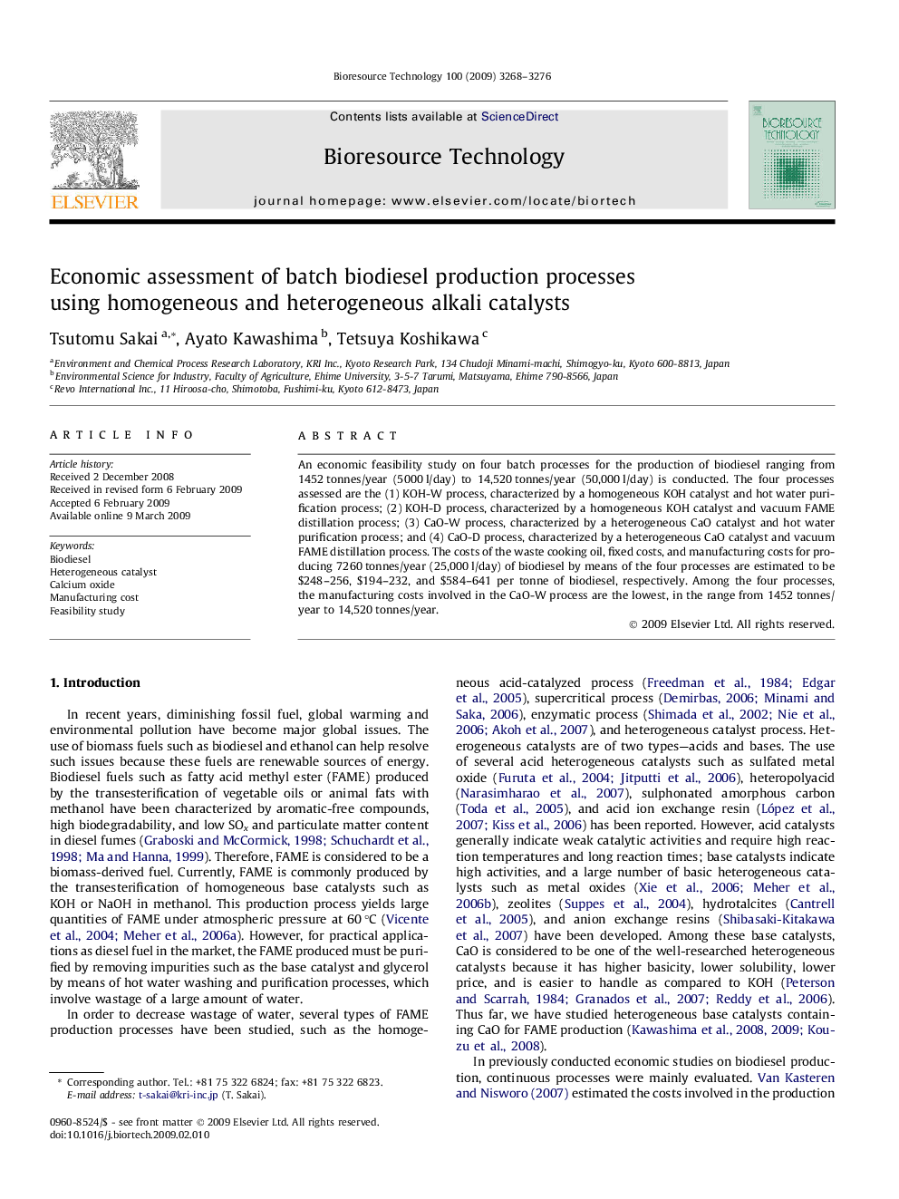 Economic assessment of batch biodiesel production processes using homogeneous and heterogeneous alkali catalysts