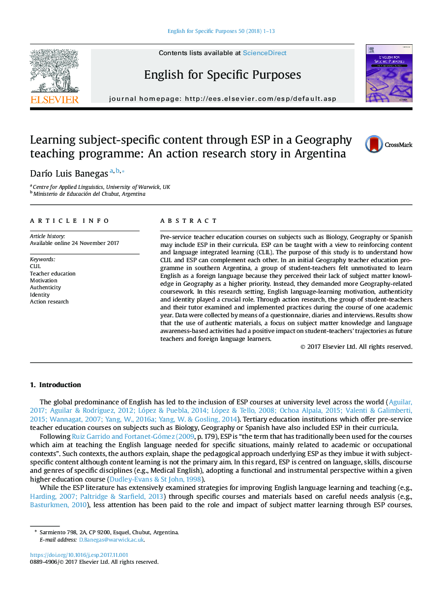 Learning subject-specific content through ESP in a Geography teaching programme: An action research story in Argentina