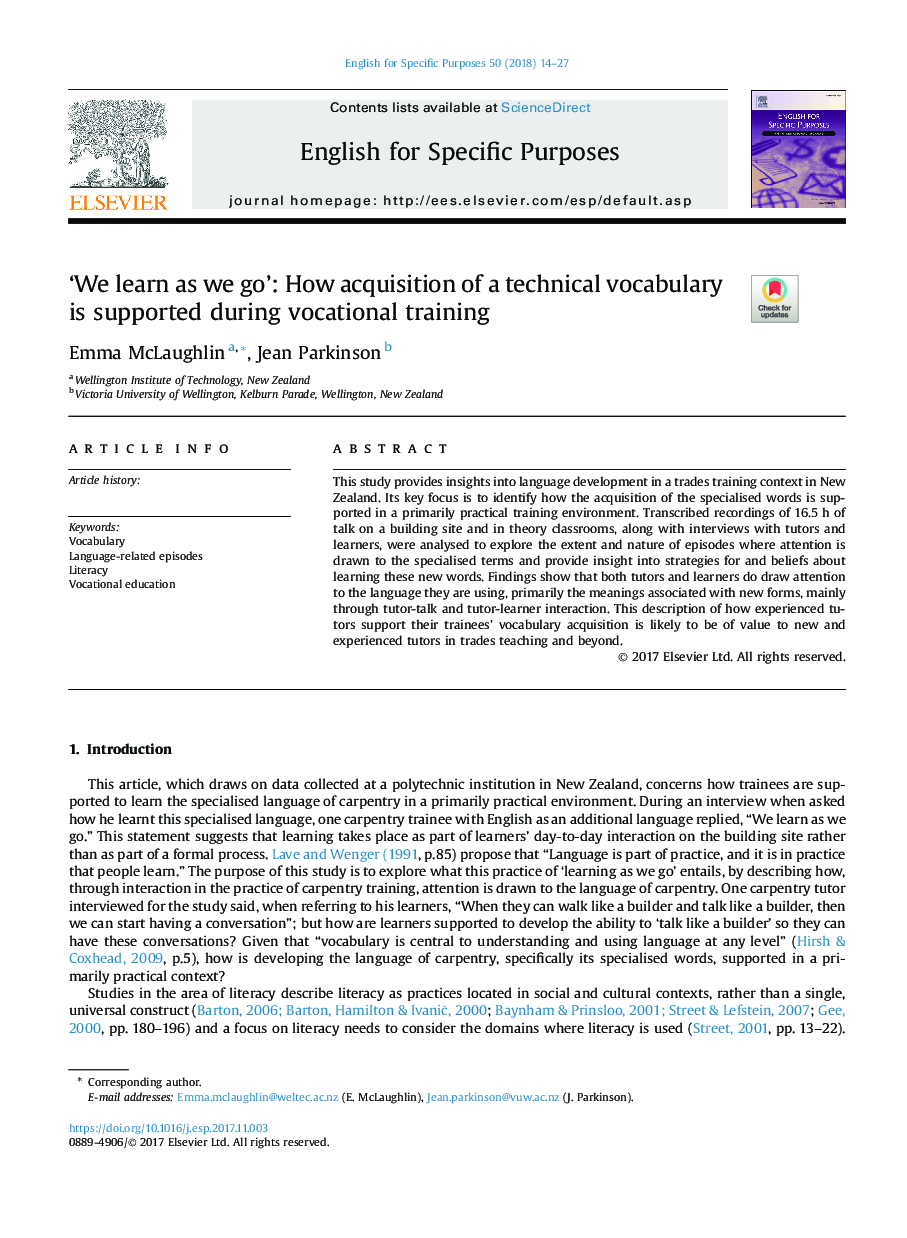 'We learn as we go': How acquisition of a technical vocabulary is supported during vocational training