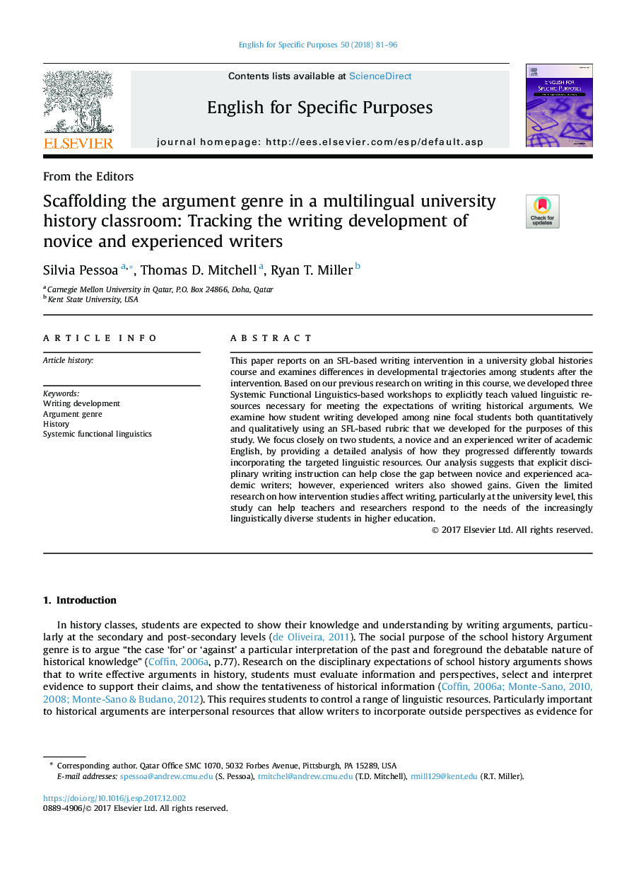 Scaffolding the argument genre in a multilingual university history classroom: Tracking the writing development of novice and experienced writers