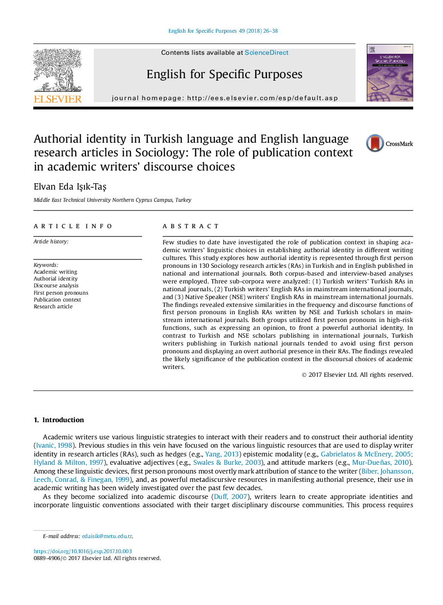 Authorial identity in Turkish language and English language research articles in Sociology: The role of publication context in academic writers' discourse choices