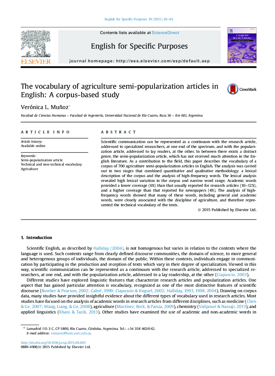 The vocabulary of agriculture semi-popularization articles in English: A corpus-based study