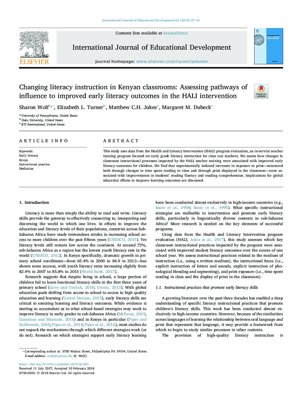 Changing literacy instruction in Kenyan classrooms: Assessing pathways of influence to improved early literacy outcomes in the HALI intervention