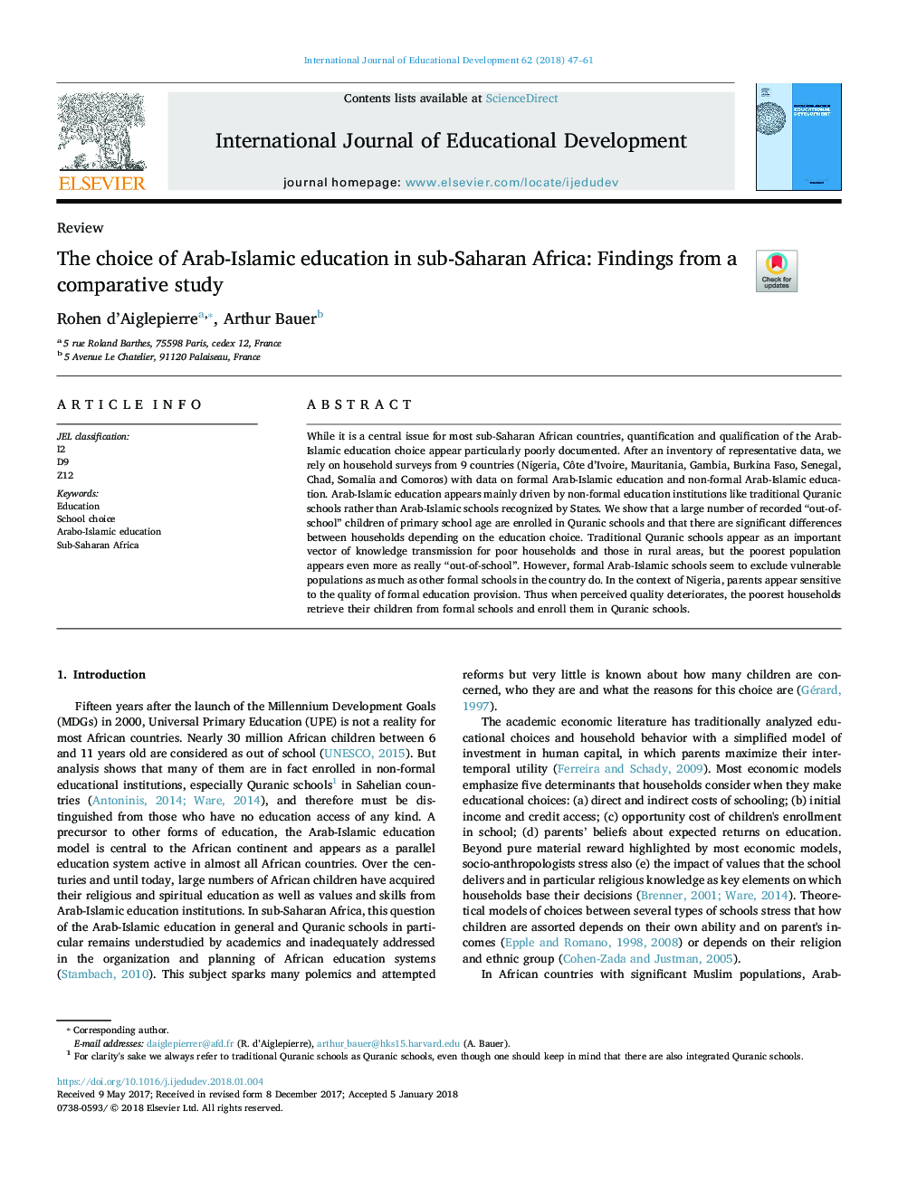 انتخاب آموزش و پرورش عرب اسلامی در کشورهای جنوب صحرای آفریقا: یافته های یک مطالعه مقایسه ای 