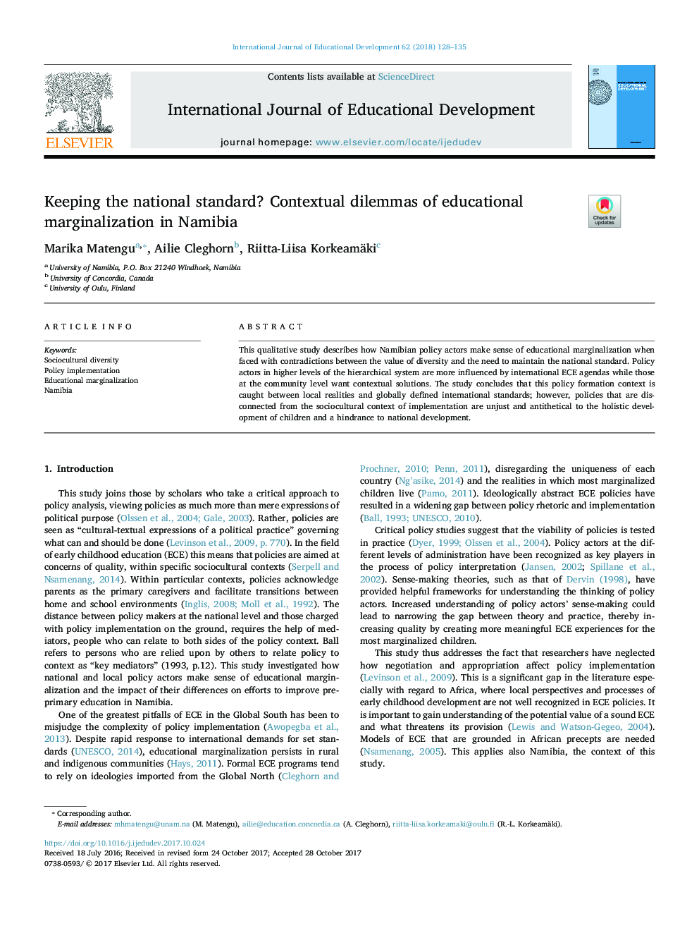 Keeping the national standard? Contextual dilemmas of educational marginalization in Namibia